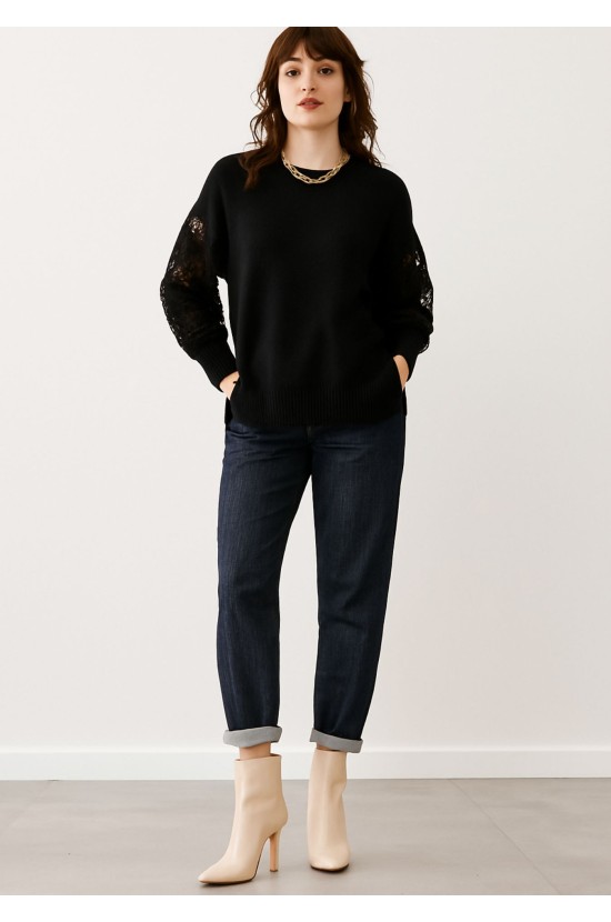 Πλεκτή Μπλούζα Μαύρη με Δαντέλα Πλεκτή Μπλούζα Μαύρη με Δαντέλα