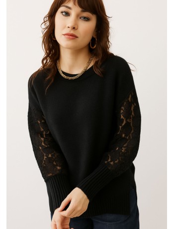 Πλεκτή Μπλούζα Μαύρη με Δαντέλα Πλεκτή Μπλούζα Μαύρη με Δαντέλα