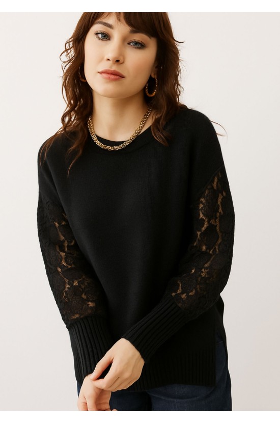 Πλεκτή Μπλούζα Μαύρη με Δαντέλα Πλεκτή Μπλούζα Μαύρη με Δαντέλα
