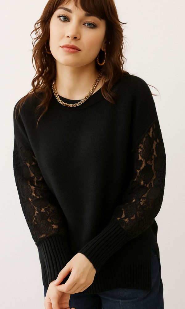 Πλεκτή Μπλούζα Μαύρη με Δαντέλα