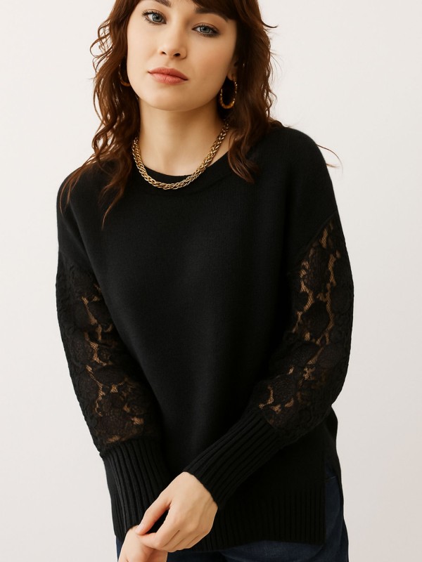 Πλεκτή Μπλούζα Μαύρη με Δαντέλα Πλεκτή Μπλούζα Μαύρη με Δαντέλα