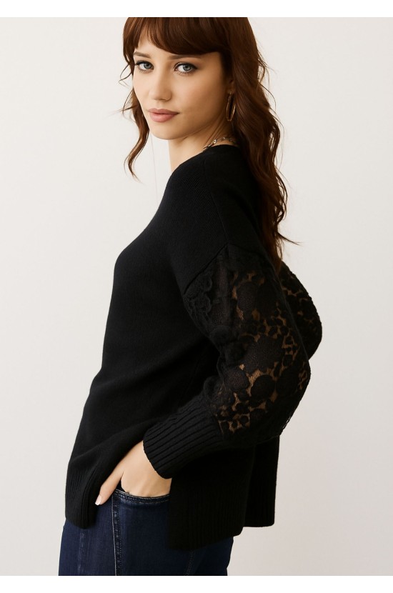 Πλεκτή Μπλούζα Μαύρη με Δαντέλα Πλεκτή Μπλούζα Μαύρη με Δαντέλα