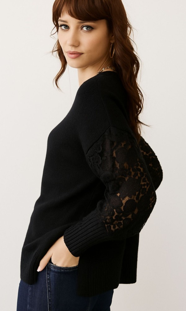 Πλεκτή Μπλούζα Μαύρη με Δαντέλα