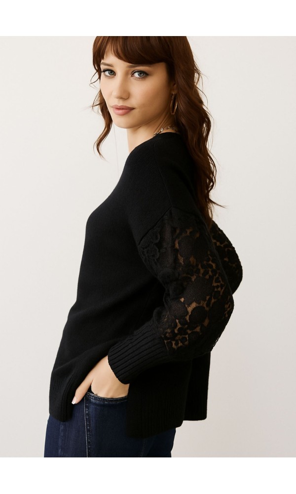 Πλεκτή Μπλούζα Μαύρη με Δαντέλα