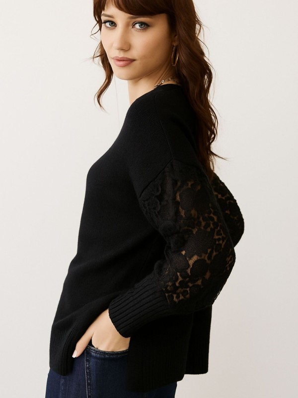 Πλεκτή Μπλούζα Μαύρη με Δαντέλα