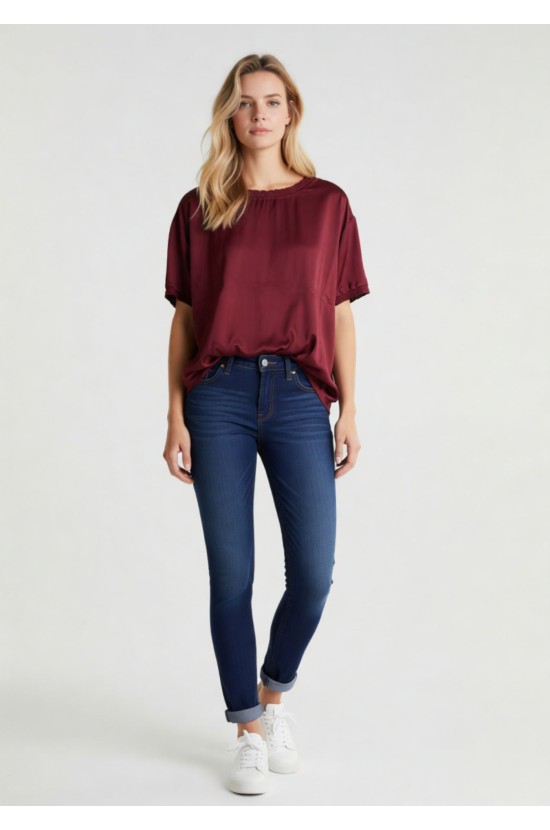Σατέν Μπορντό Μπλούζα με Λάστιχο Λαιμό Σατέν Μπορντό Μπλούζα με Λάστιχο Λαιμό