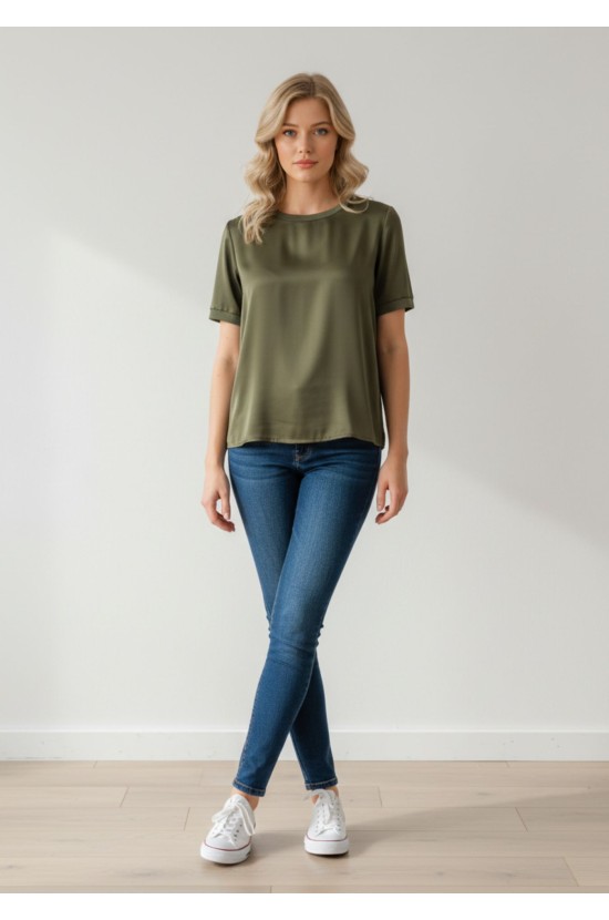 Σατέν Λαδί Μπλούζα Με Λάστιχο Λαιμό Σατέν Λαδί Μπλούζα Με Λάστιχο Λαιμό