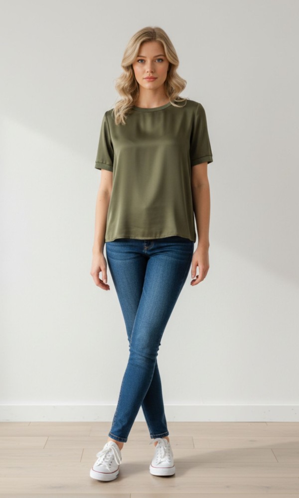 Σατέν Λαδί Μπλούζα Με Λάστιχο Λαιμό Σατέν Λαδί Μπλούζα Με Λάστιχο Λαιμό