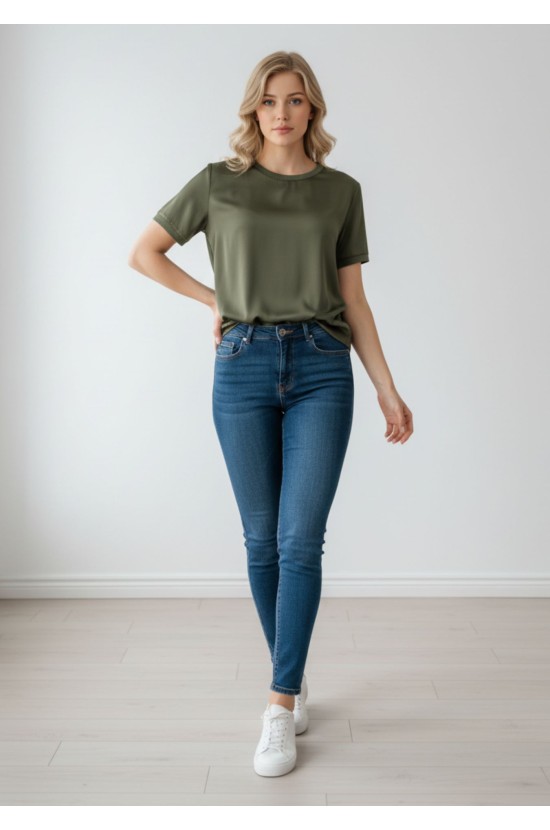 Σατέν Λαδί Μπλούζα Με Λάστιχο Λαιμό Σατέν Λαδί Μπλούζα Με Λάστιχο Λαιμό