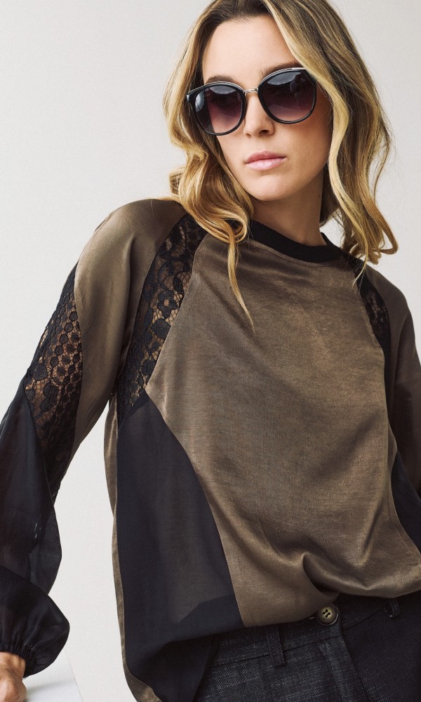 Khaki and Black Blouse with Lace