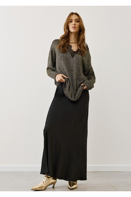 Χρυσή Lyrex Μπλούζα με Δαντελωτή V Λαιμόκοψη