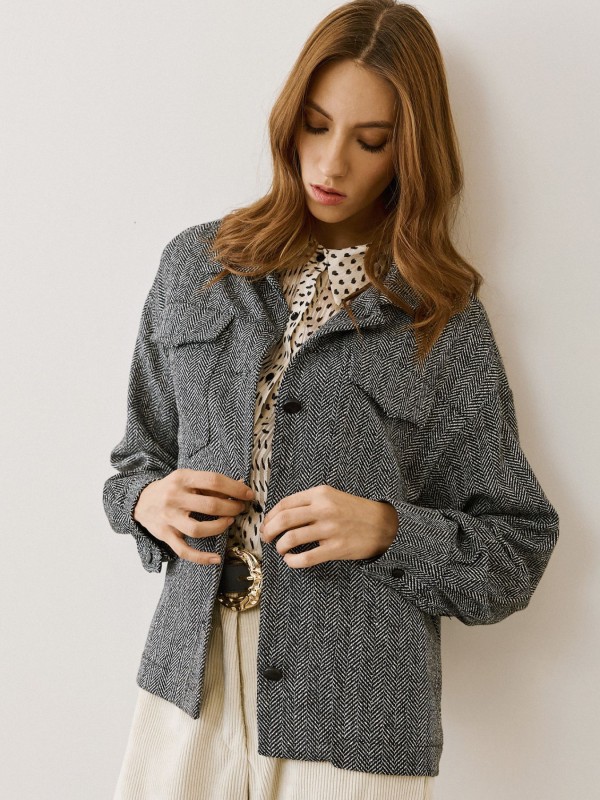 Πουκάμισο Oversized με Σχέδιο Ψαροκόκαλο