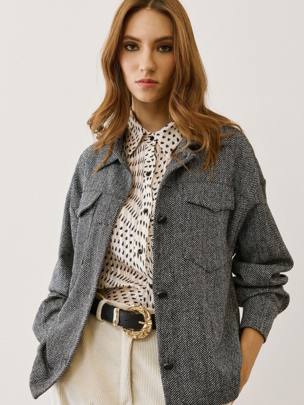 Πουκάμισο Oversized με Σχέδιο Ψαροκόκαλο Πουκάμισο Oversized με Σχέδιο Ψαροκόκαλο