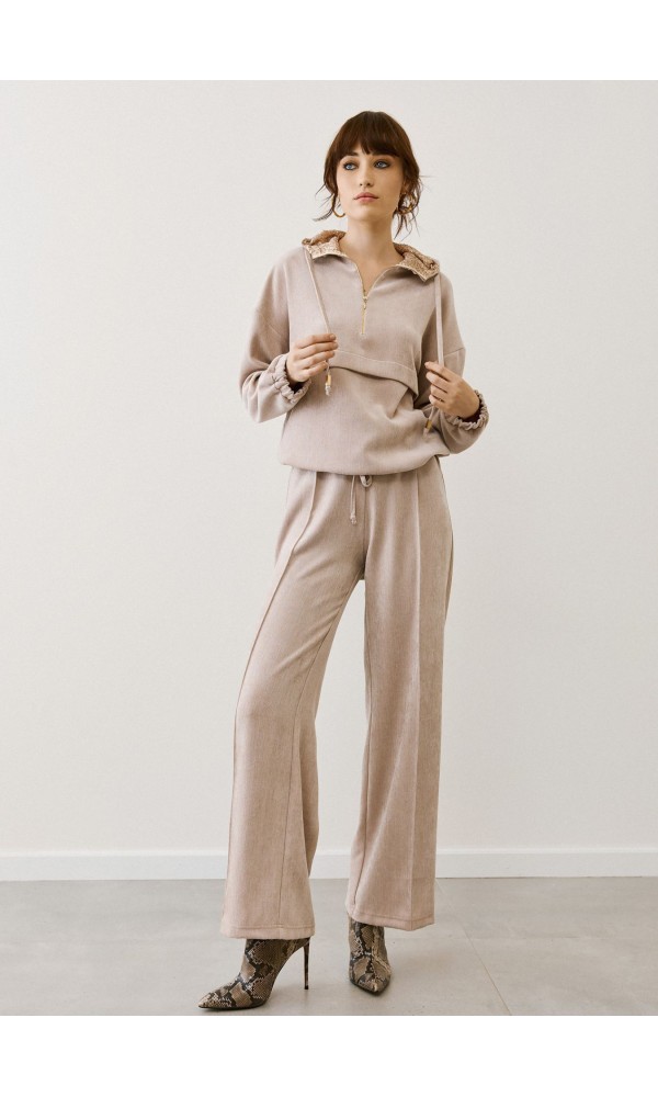Φόρμα με Κουκούλα & Φαρδύ Παντελόνι – Μπεζ