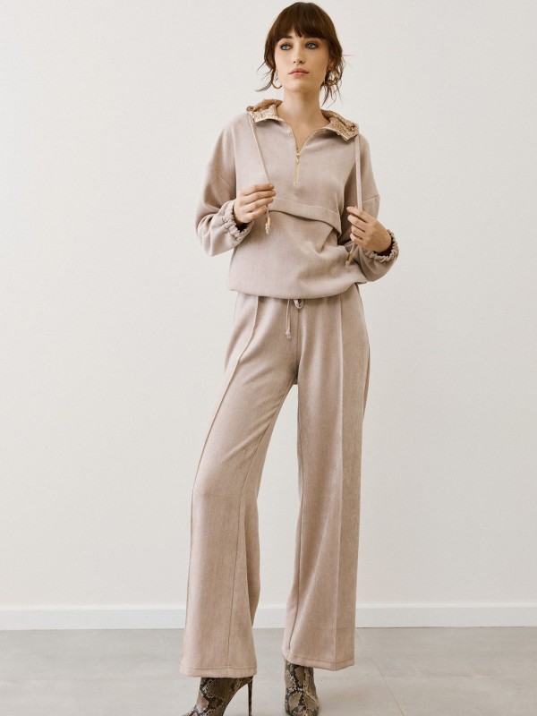 Φόρμα με Κουκούλα & Φαρδύ Παντελόνι – Μπεζ