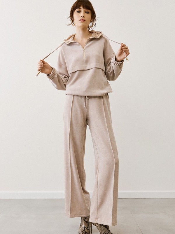Φόρμα με Κουκούλα & Φαρδύ Παντελόνι – Μπεζ