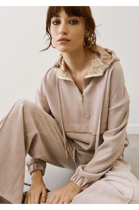 Hooded Sweatshirt & Wide-Leg Pants – Beige