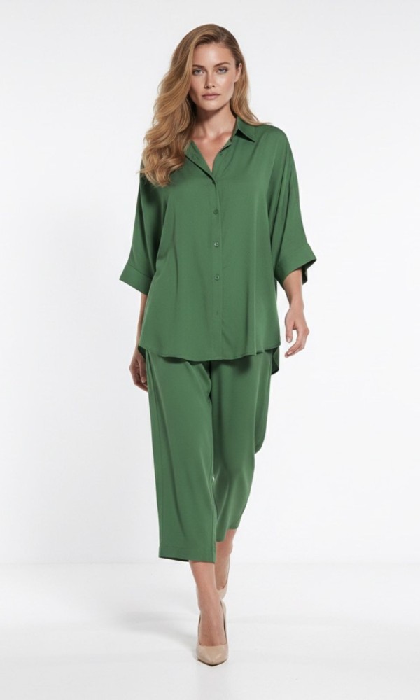 Σετ Πουκάμισο & Cropped Παντελόνι με Λάστιχο Emerald Green